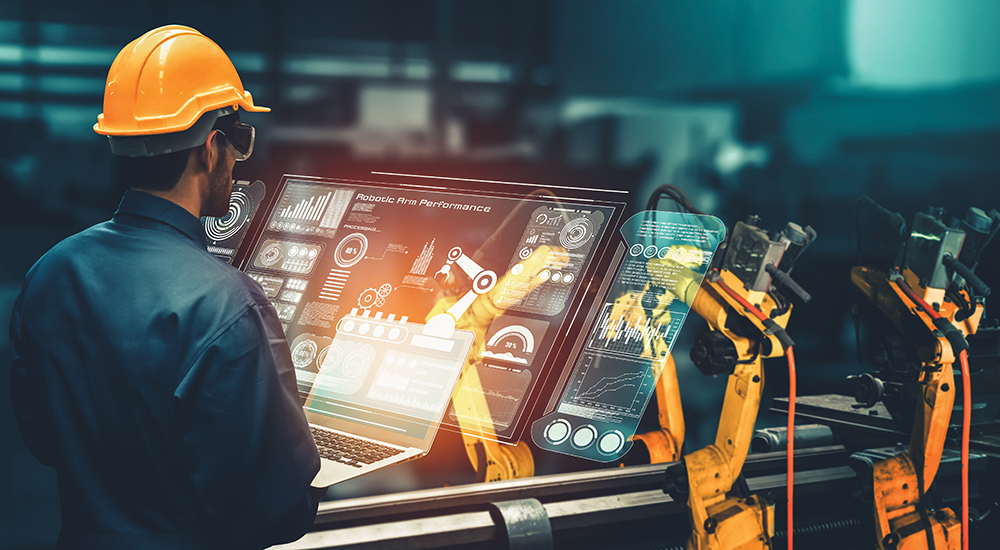 Operador Industrial 4.0 utilizando tecnologias como inteligência artificial, IoT e automação para otimizar processos industriais