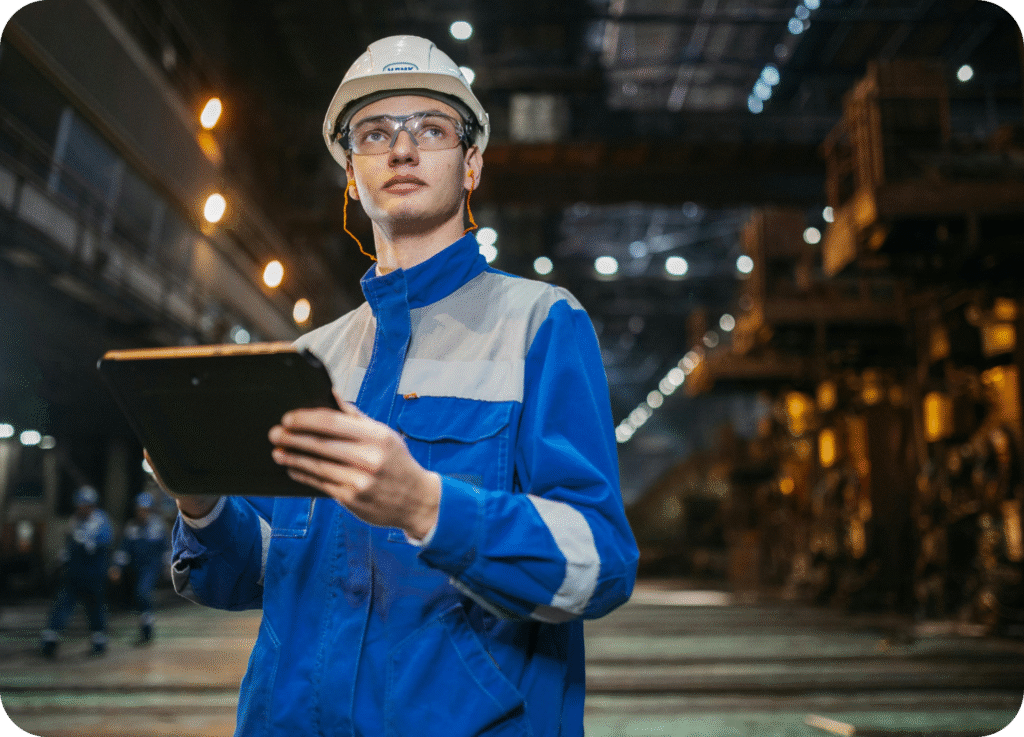 Essa imagem mostra um jovem profissional em um ambiente de fábrica, vestindo um capacete de segurança branco e óculos de proteção. Ele usa um uniforme industrial azul e cinza. O foco está no profissional, que segura e olha para uma prancheta ou tablet digital. O fundo, que está desfocado e em iluminação mais baixa, sugere o chão de uma fábrica ou instalação industrial (possivelmente metalúrgica ou de grande porte), com máquinas grandes e luzes acesas no alto. Outras figuras humanas, também uniformizadas, aparecem desfocadas no plano de fundo. A imagem evoca temas de tecnologia, segurança e gestão de dados na indústria moderna (Indústria 4.0).
